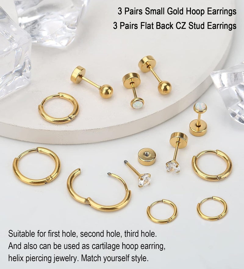 AMASIS Hypoallergenic Surgical Steel Earrings Sets for Sensitive Ears Lightweight Small Huggie Hoop Earrings 20G Stainless Steel Opal Ball Pearl CZ Flat Back Earrings for Women Men Trendy Cartilage Earrings Hoop Stud - Image 4